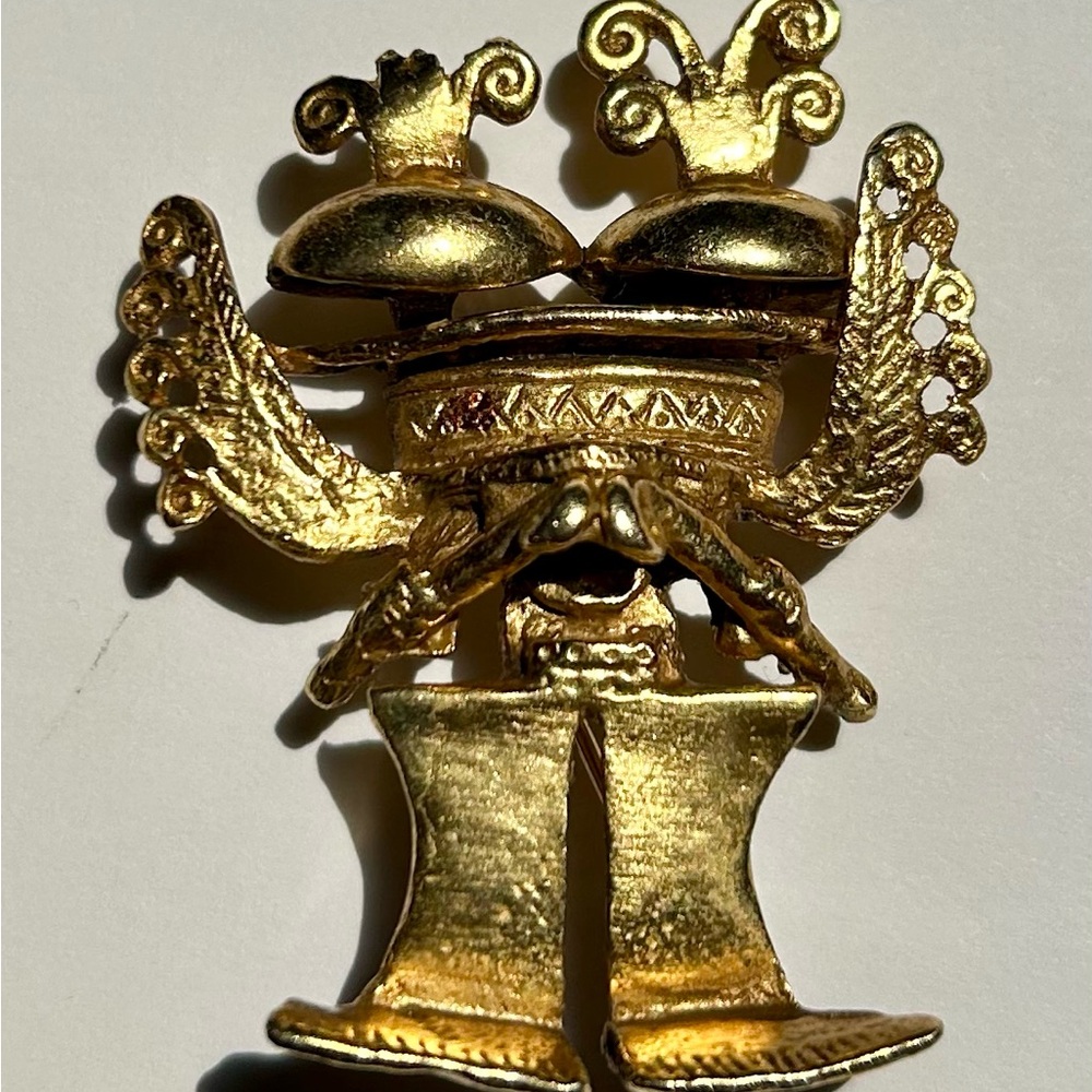 Vintage Alva Studio Mayan God Gold Scrollwork Brooch